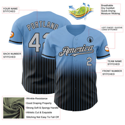 Custom Light Blue Pinstripe Gray-Black Authentic Fade Fashion Baseball Jersey