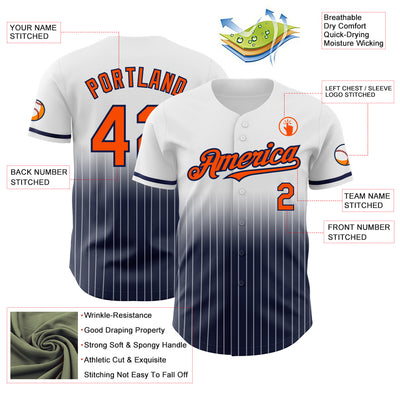 Custom White Pinstripe Orange-Navy Authentic Fade Fashion Baseball Jersey