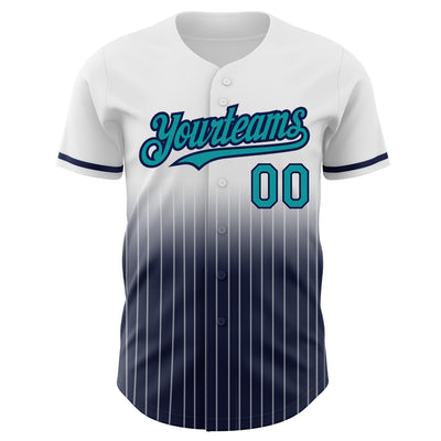 Custom White Pinstripe Teal-Navy Authentic Fade Fashion Baseball Jersey