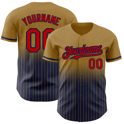 Custom Old Gold Pinstripe Red-Navy Authentic Fade Fashion Baseball Jersey