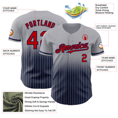 Custom Gray Pinstripe Red-Navy Authentic Fade Fashion Baseball Jersey