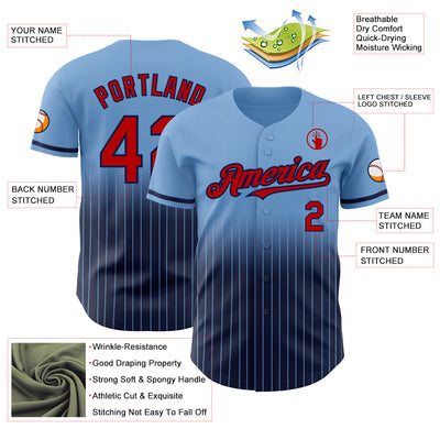 Custom Light Blue Pinstripe Red-Navy Authentic Fade Fashion Baseball Jersey