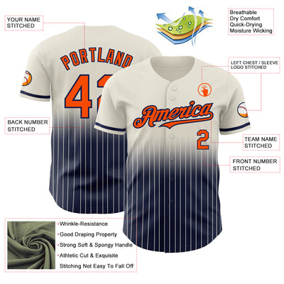 Custom Cream Pinstripe Orange-Navy Authentic Fade Fashion Baseball Jersey