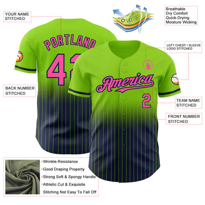 Custom Neon Green Pinstripe Pink-Navy Authentic Fade Fashion Baseball Jersey