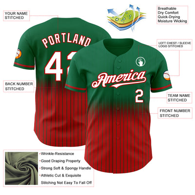 Custom Kelly Green Pinstripe White-Red Authentic Fade Fashion Baseball Jersey