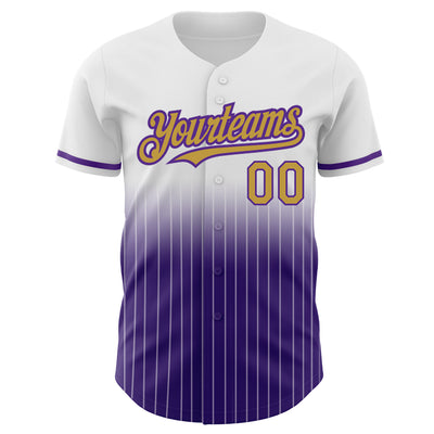 Custom White Pinstripe Old Gold-Purple Authentic Fade Fashion Baseball Jersey