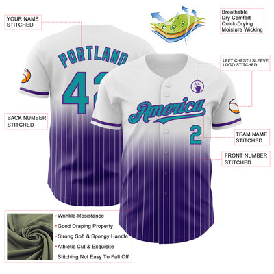 Custom White Pinstripe Teal-Purple Authentic Fade Fashion Baseball Jersey