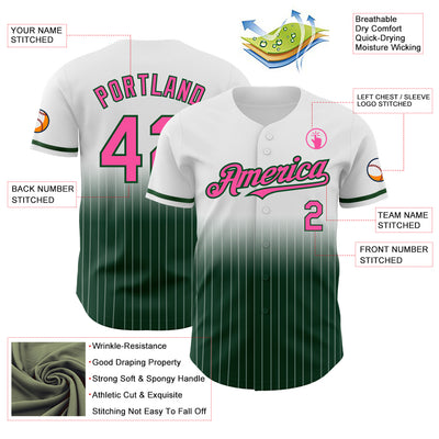 Custom White Pinstripe Pink-Green Authentic Fade Fashion Baseball Jersey