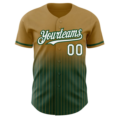 Custom Old Gold Pinstripe White-Green Authentic Fade Fashion Baseball Jersey