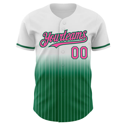 Custom White Pinstripe Pink-Kelly Green Authentic Fade Fashion Baseball Jersey