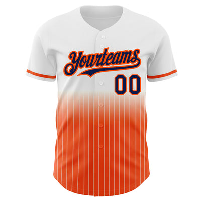 Custom White Pinstripe Navy-Orange Authentic Fade Fashion Baseball Jersey