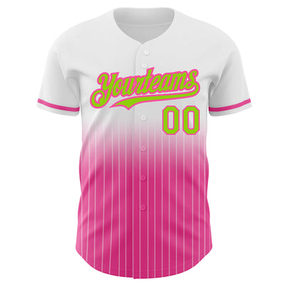 Custom White Pinstripe Neon Green-Pink Authentic Fade Fashion Baseball Jersey