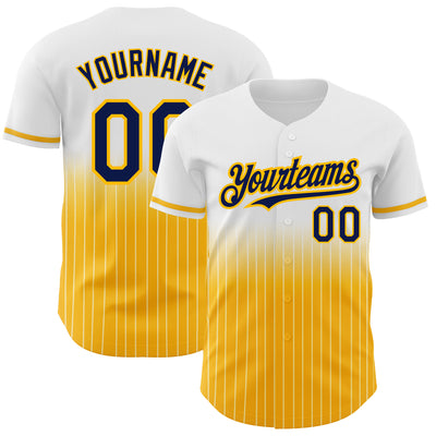 Custom White Pinstripe Navy-Gold Authentic Fade Fashion Baseball Jersey