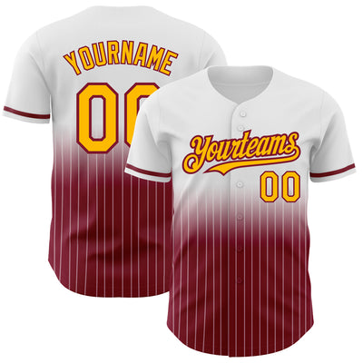 Custom White Pinstripe Gold-Crimson Authentic Fade Fashion Baseball Jersey