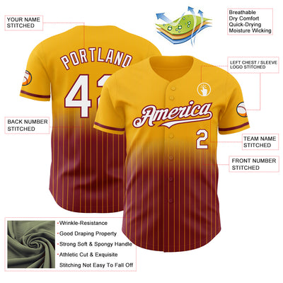 Custom Gold Pinstripe White-Crimson Authentic Fade Fashion Baseball Jersey