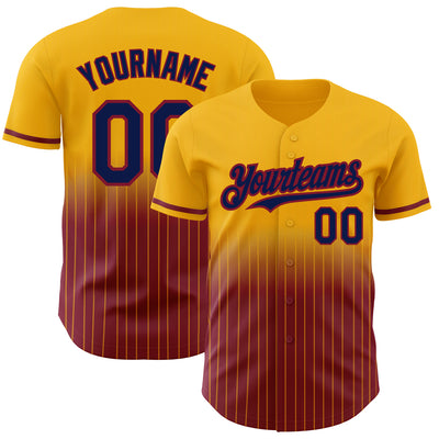 Custom Gold Pinstripe Navy-Crimson Authentic Fade Fashion Baseball Jersey