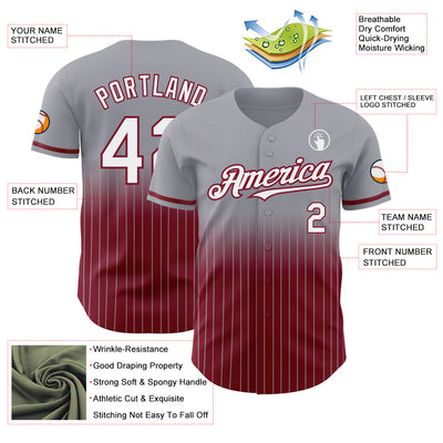 Custom Gray Pinstripe White-Crimson Authentic Fade Fashion Baseball Jersey