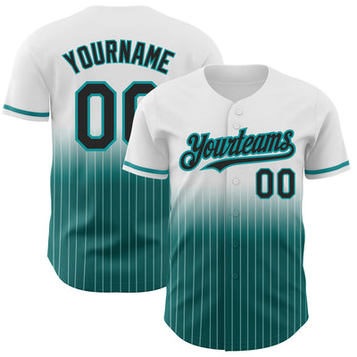 Custom White Pinstripe Black-Teal Authentic Fade Fashion Baseball Jersey