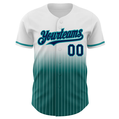 Custom White Pinstripe Navy-Teal Authentic Fade Fashion Baseball Jersey