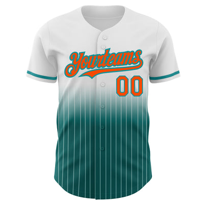 Custom White Pinstripe Orange-Teal Authentic Fade Fashion Baseball Jersey