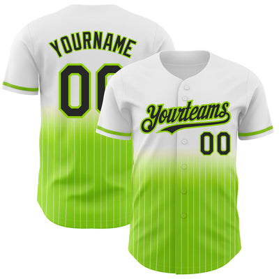 Custom White Pinstripe Black-Neon Green Authentic Fade Fashion Baseball Jersey