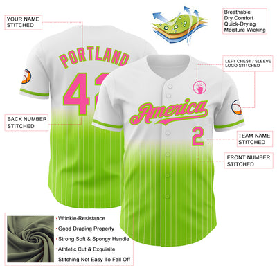 Custom White Pinstripe Pink-Neon Green Authentic Fade Fashion Baseball Jersey