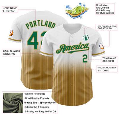 Custom White Pinstripe Kelly Green-Old Gold Authentic Fade Fashion Baseball Jersey