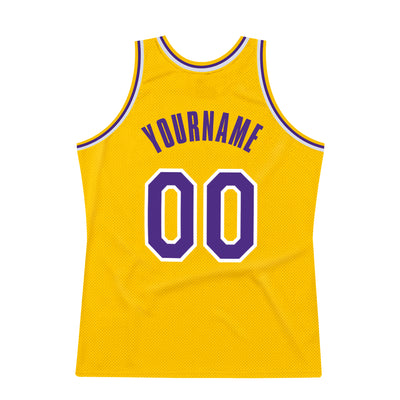 Custom Gold Purple-White Authentic Throwback Basketball Jersey