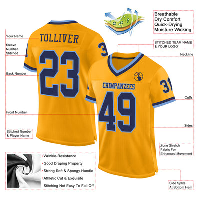 Custom Gold Navy-Light Blue Mesh Authentic Throwback Football Jersey