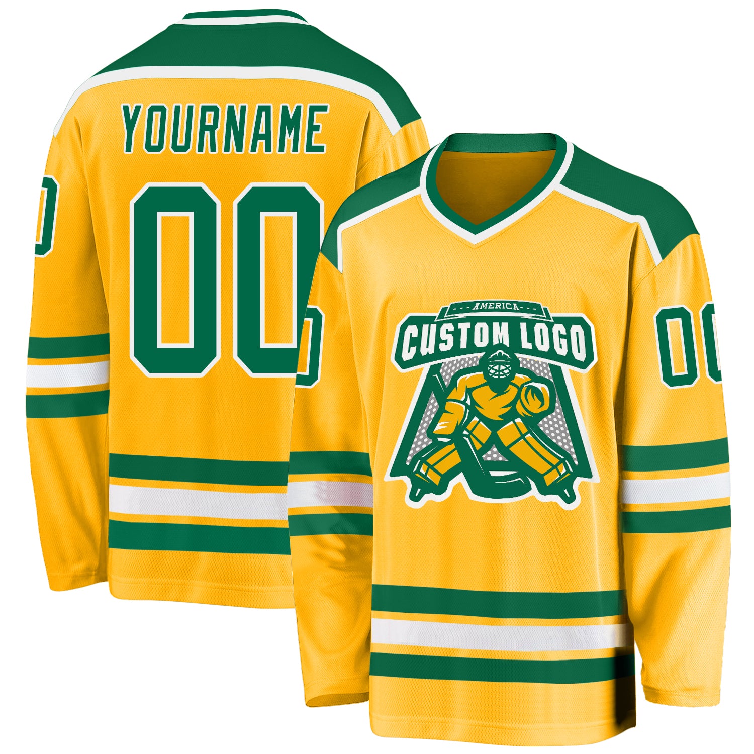 Custom Gold Kelly Green-White Hockey Jersey