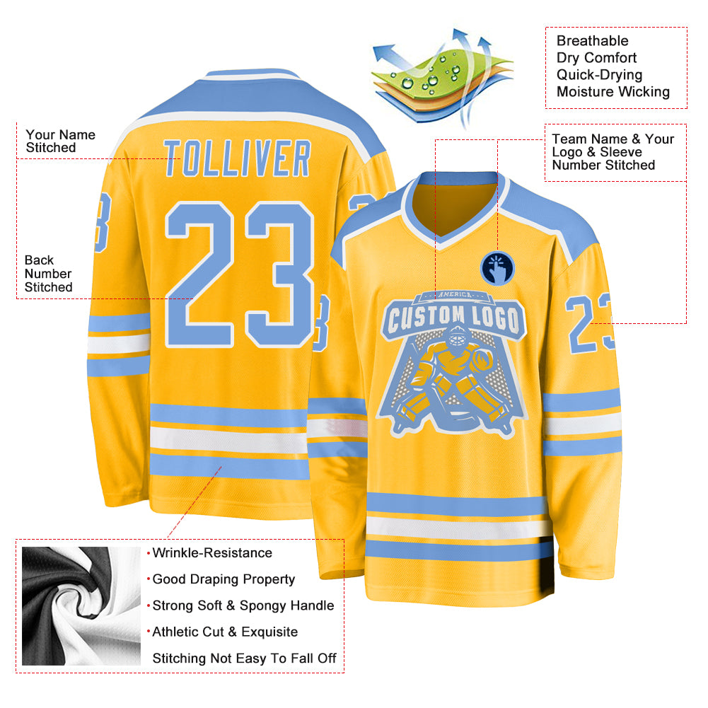 Custom Light Blue Gold-White Hockey Jersey Discount