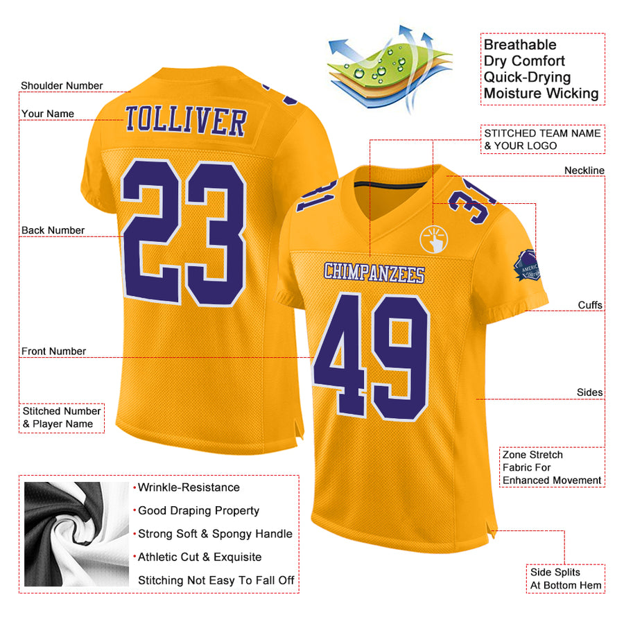 Custom Gold Purple-White Mesh Authentic Football Jersey