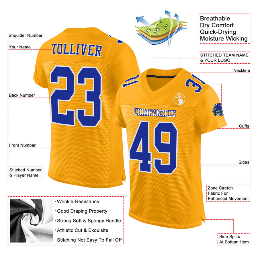 Custom Gold Royal-White Mesh Authentic Football Jersey