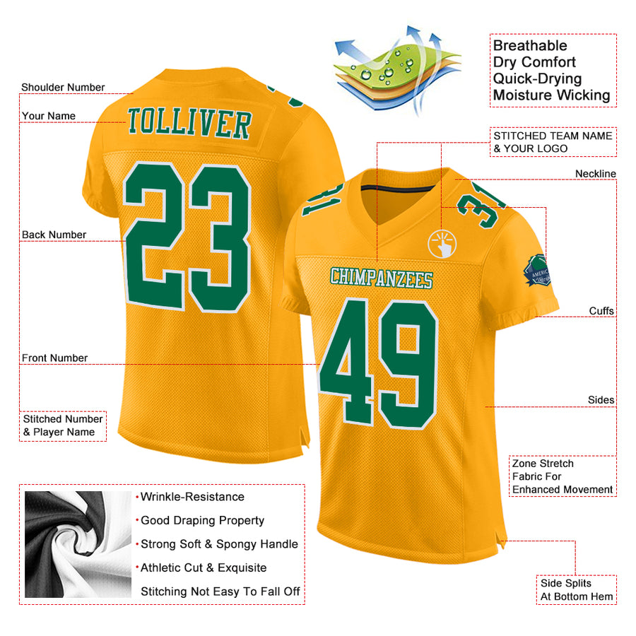 Custom Gold Kelly Green-White Mesh Authentic Football Jersey