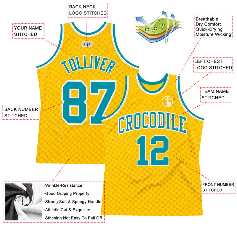 FANSIDEA Custom Teal White-Gold Authentic Throwback Basketball Jersey Men's Size:S