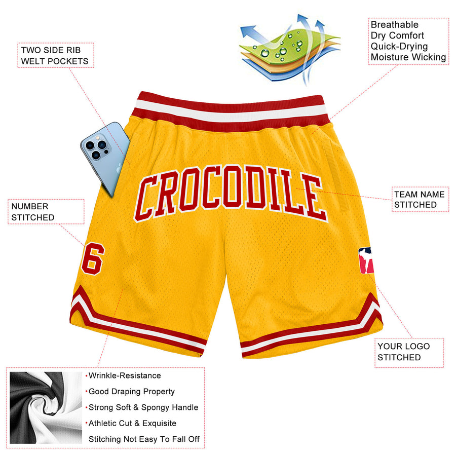 Custom Gold Red-White Authentic Throwback Basketball Shorts