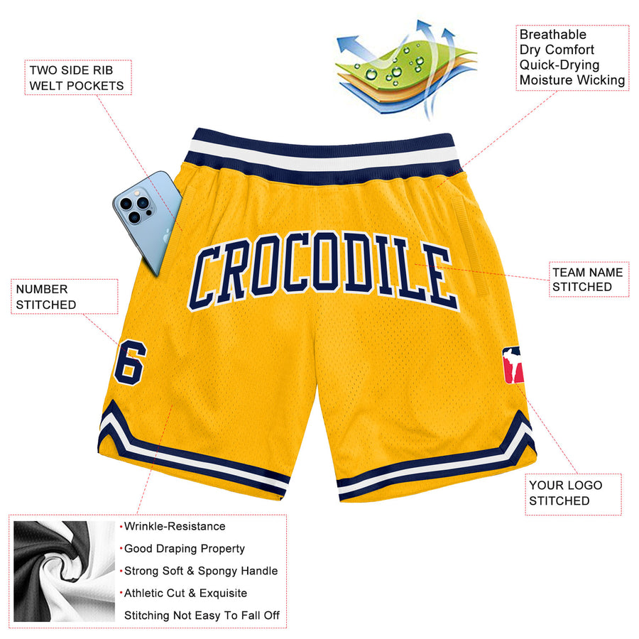 Custom Gold Navy-White Authentic Throwback Basketball Shorts