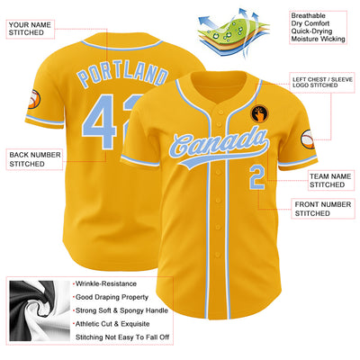 Custom Gold Light Blue-White Authentic Baseball Jersey