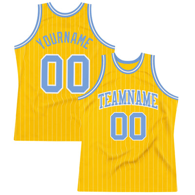 Custom Gold White Pinstripe Light Blue Authentic Basketball Jersey