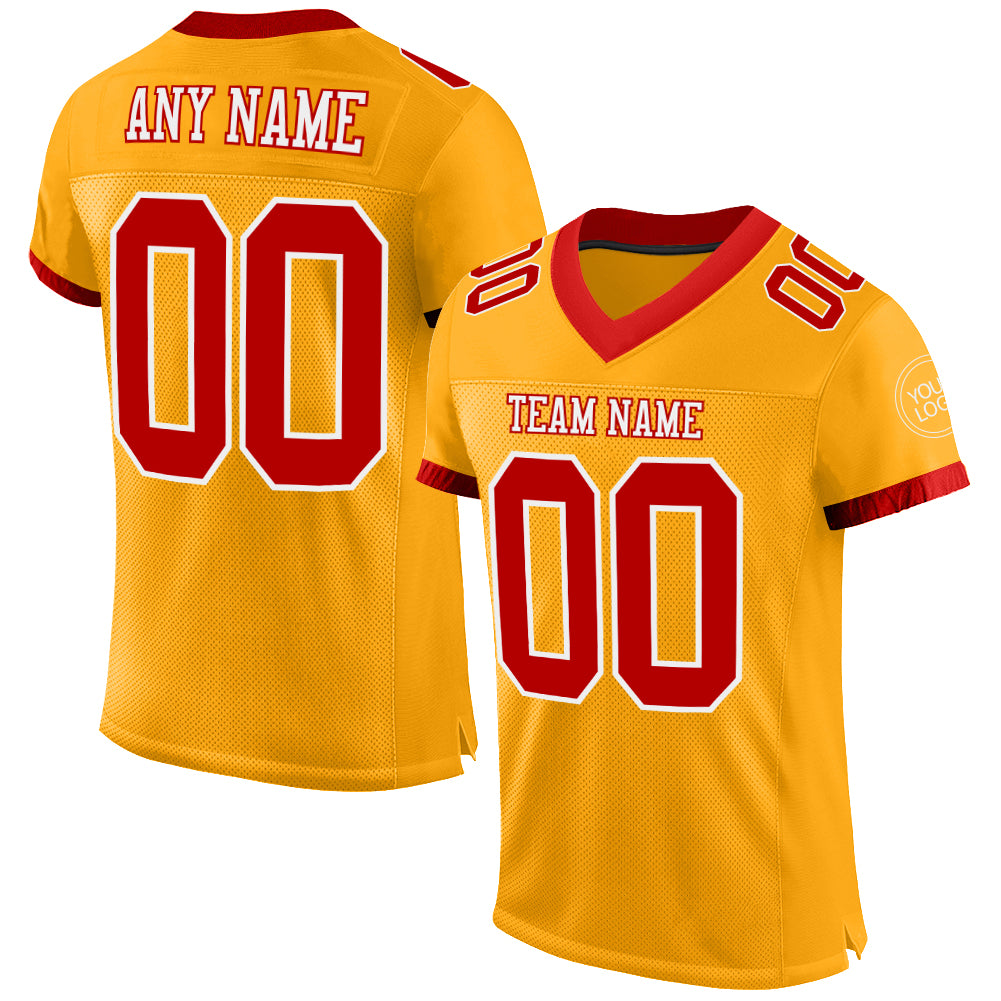 Custom Red Gold-White Mesh Authentic Football Jersey