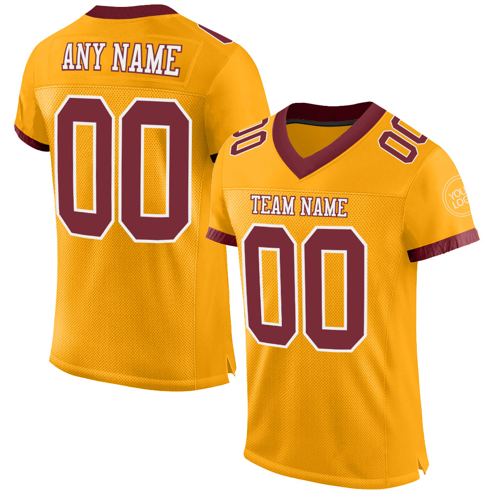 Custom Gold Football Jersey Burgundy-White Mesh Authentic - FansIdea