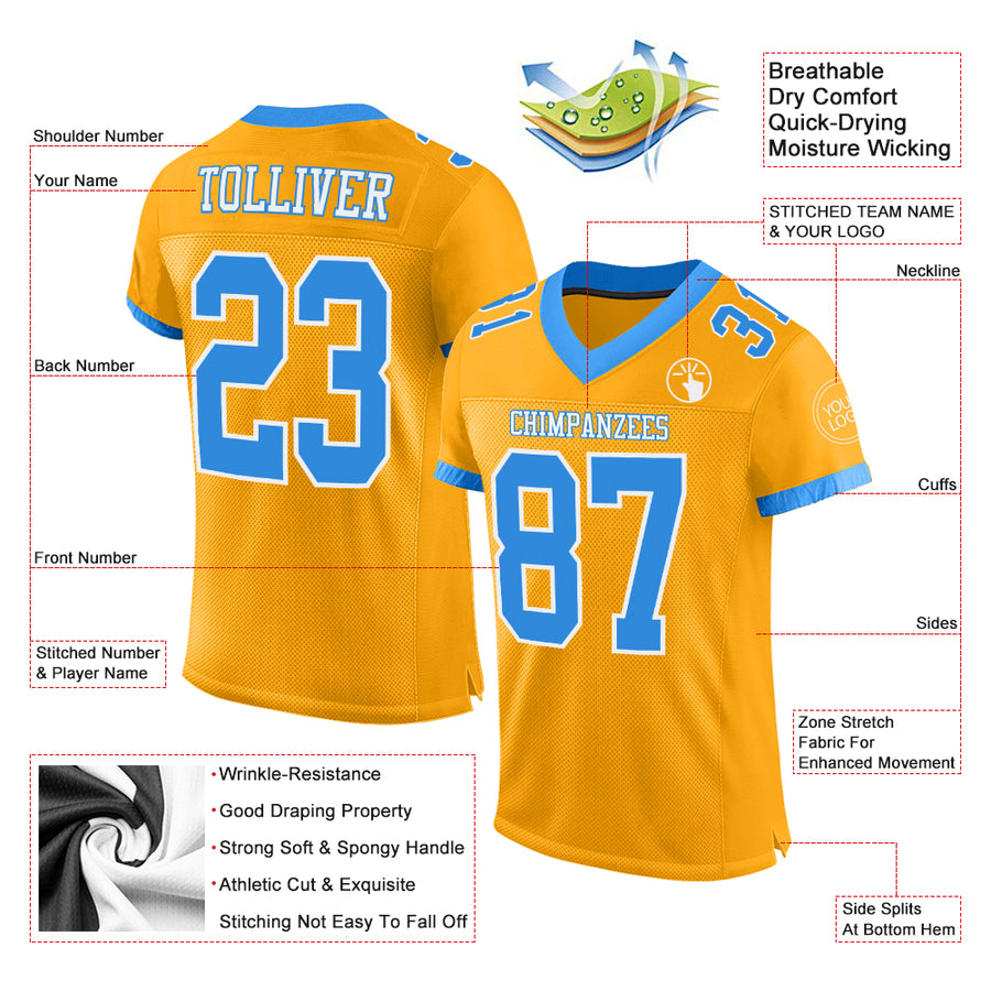 Custom Gold Powder Blue-White Mesh Authentic Football Jersey