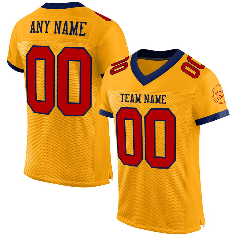 Custom Gold Football Jersey Red-Navy Mesh Authentic - FansIdea