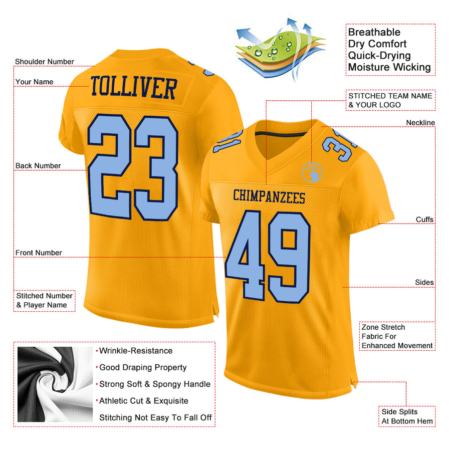 Custom Gold Light Blue-Navy Mesh Authentic Football Jersey