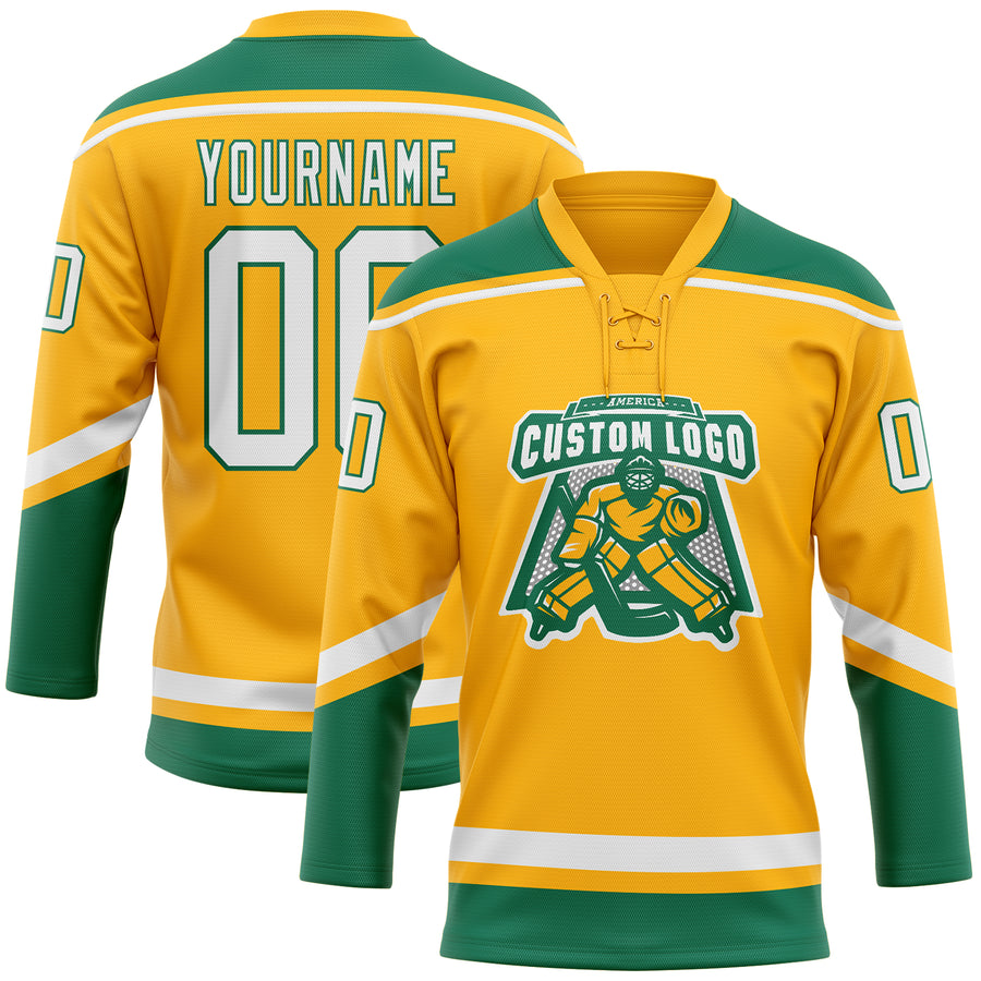 Custom Gold White-Kelly Green Hockey Lace Neck Jersey