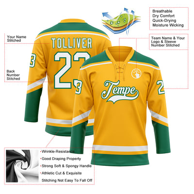 Custom Gold White-Kelly Green Hockey Lace Neck Jersey