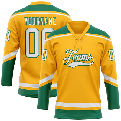 Custom Gold White-Kelly Green Hockey Lace Neck Jersey