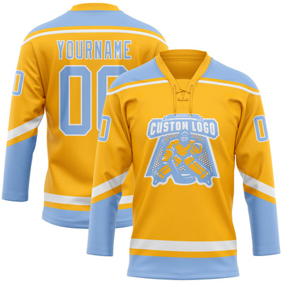 Custom Gold White-Light Blue Hockey Lace Neck Jersey