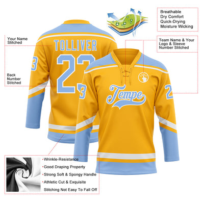 Custom Gold White-Light Blue Hockey Lace Neck Jersey