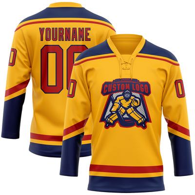 Custom Gold Red-Navy Hockey Lace Neck Jersey